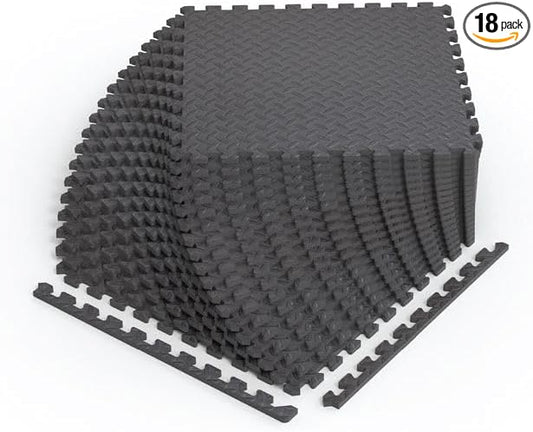 Norsk Foam Floor Gym Mats with Interlocking Tiles, .47" Thick, 24"x24", 18-Pack, 72 Square Feet, Diamond Plate Design, Grey