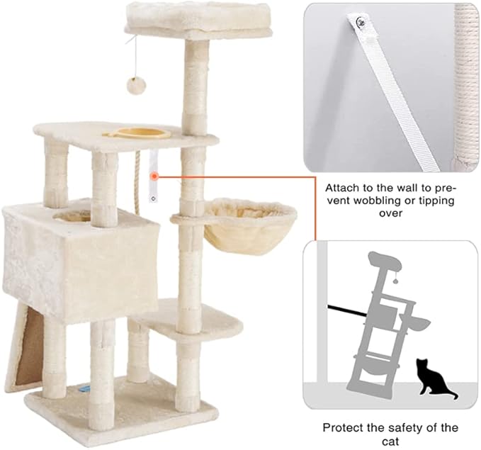Heybly Cat Tree, Cat Tower for Indoor Cats with Scratching Board, Multi-Level Cat Furniture Condo with Feeding Bowl, Beige HCT010M