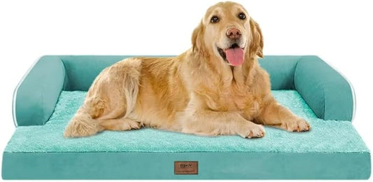 Orthopedic Large Dog Bed Washable, Orthopedic Dogs Bed with Removable Cover, XLarge XL Pet with Bolster, Washable Aqua Blue Large Dog Beds with Egg Foam for Medium Gaint Dogs