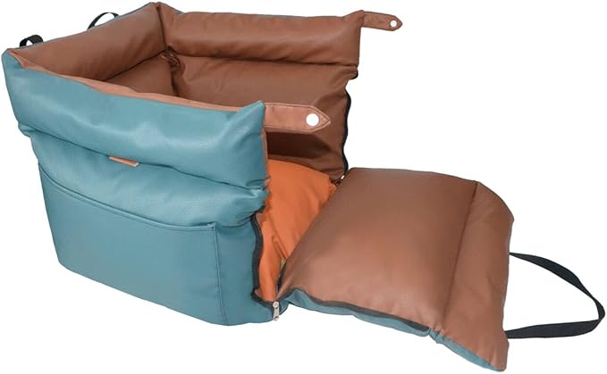 Dog Car Seat for Small Dogs, Large Leather Dog Car Bed with Storage Pocket, Waterproof PVC Leather Booster Seat Travel Bed for Front & Back Seat, Clip-On Safety Leash (Blue/Brown)