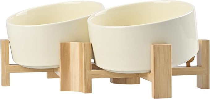 SPUNKYJUNKY 15° Slanted Ceramic Dog and Cat Bowl with Wooden Stand, Tilted Bulldog Food and Water Bowl No Slip Non-Spill for Cats Medium Dogs Big Face Pets 28.7 OZ (3.6 Cups, Beige × 2)