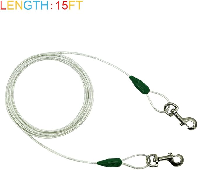 Petest 15ft Reflective Tie-Out Cable for Medium Dogs Up to 60 Pounds DarkGreen & Silver