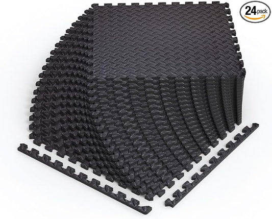 Norsk Foam Floor Gym Mats with Interlocking Tiles, .47" Thick, 24"x24", 24-Pack, 96 Square Feet, Diamond Plate Design, Black