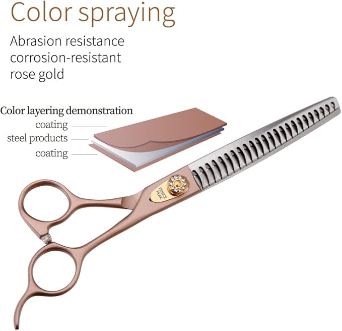 Fenice Peak 8‘’ Professional Dog Grooming Scissors Set Rose Gold 440C Stainless Steel Straight Thinning Curved Chunker Shears 4pcs Set for Pet Grooming Services Dogs and Cats