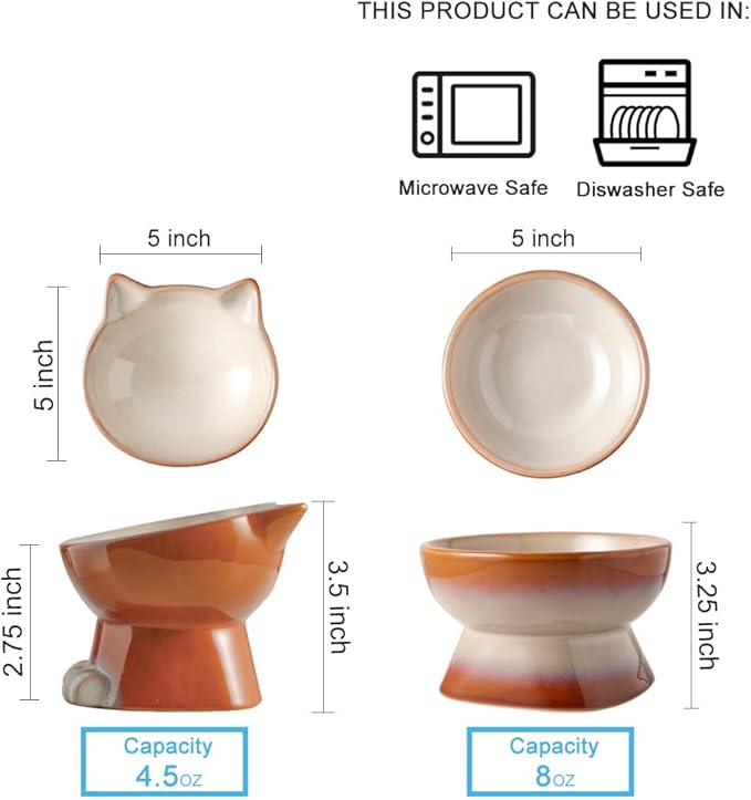 Nihow Elevated Cat/Dog Bowls Set : 5 Inch Ceramic Raised Cat Food & Water Bowl Set for Protecting Pet's Spine - Feeding & Watering Supplies for Pets - Elegant Brown (2 PC)