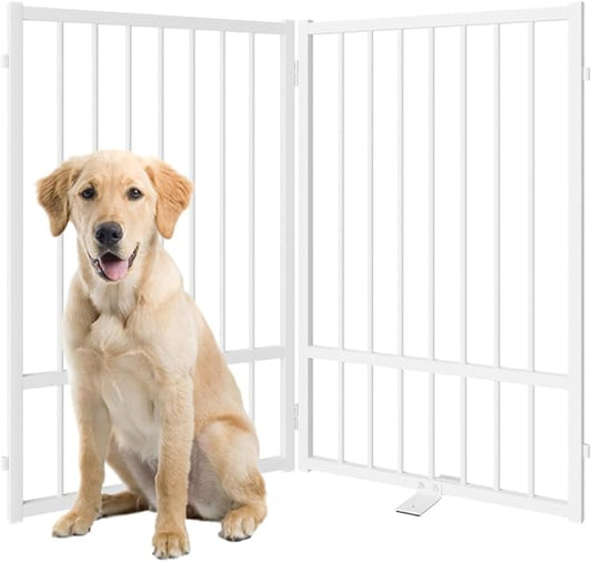Full Metal Freestanding Dog Gate with Door, 32''Height Foldable Pet Dog Fence for Indoor & Outdoor, 2 Panels Extra Wide Free Standing TallDog Gates for Doorways,House,Stairs,Porch,Deck,Yard