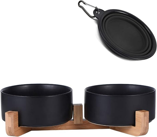 Petygooing Ceramic Dog Cat Bowls Set with Stand,Black Pet Food and Water Bowl,Small Dog Bowls Cute Modern Anti Slip Set of 2 Pet Feeder Small Size Pet Dish(13.5OZ/5.1 in)