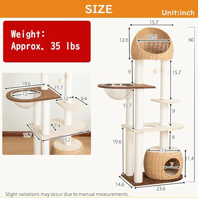 Wood Cat Tree 60'' with Woven Beds, 5-Level Natural Cat Condo with Sisal Posts & Clear Bubble Lounge, Multi-Level C at Furniture for Indoor Pets, Easy to Assemble (Brown-Particle Board)