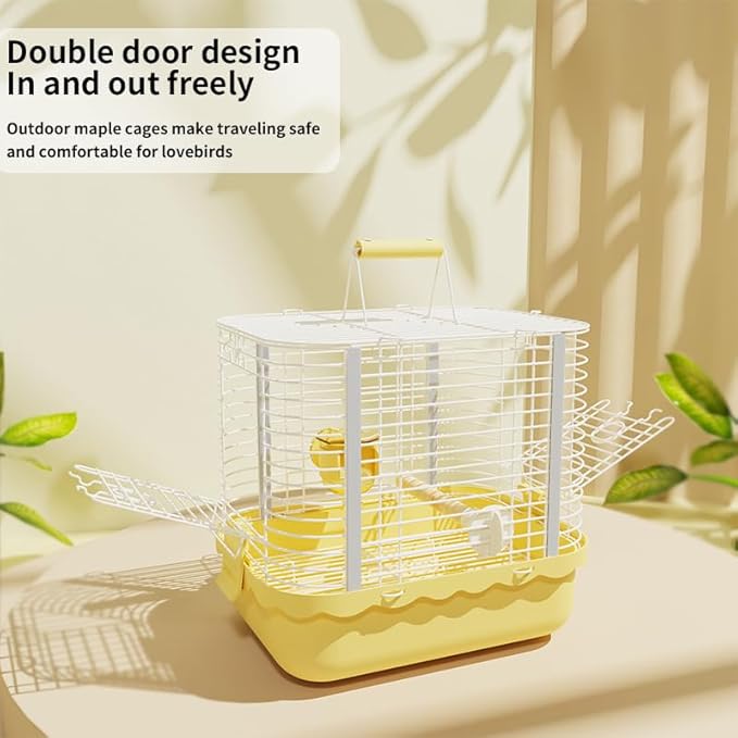 Bird Carrier Travel Cage, Durable Portable Stainless Steel Birdcage with Bird Perch & Feeding Bowl for Parrots Canaries Budgies Lovebirds Conures Cockatiels (Small Yellow)