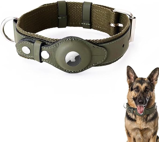 AirTag Dog Collar Soft Leather Webbing Dog Collar for AirTag Provides Double Protection for Small Medium and Large Dogs(Green,S)