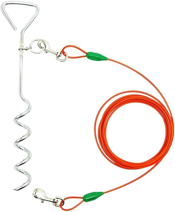 Petest 16 Inch Spiral Stake with 15ft Tie-Out Cable for Medium Dogs Up to 60 Pounds DarkGreen & Orange