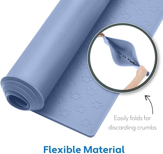 MIGHTY MONKEY 100% Waterproof Dog Food Mat, Raised Edges Silicone Pet Feeding Placemat for Cat, Dogs, Pet Bowls, High Lipped Tray Prevents Water Spills, Food on Floor, Dishwasher Safe, 22x14, Lt Blue