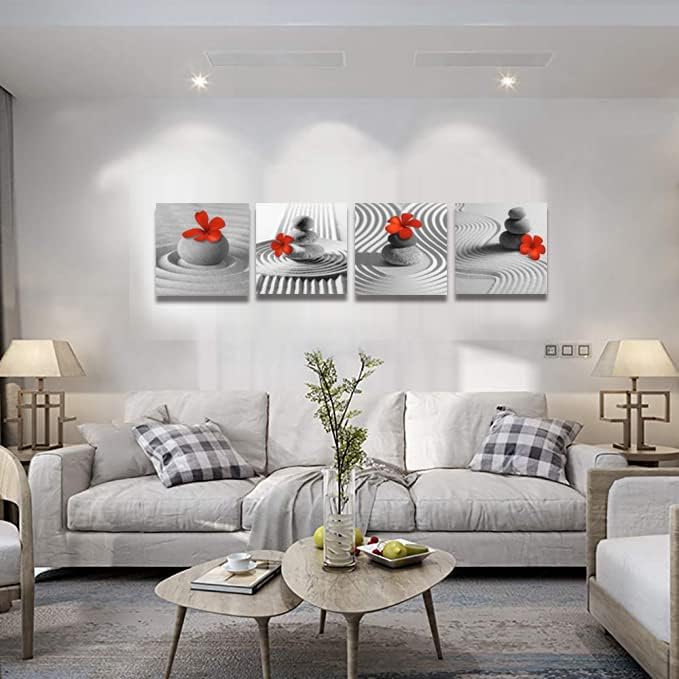Yxbhhym Bathroom Decor Zen Decor Gray Wall Art Red Floral Wall Pictures Black and White Wall Art Flower Zen Stone Sand Pebble Canvas Print Artwork for Bedroom Living Room Home Wall Decoration