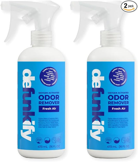 Odor Remover Spray, 16oz (2-Pack). 'Fresh Air' Essential Oil Odor Eliminator for Strong Odors on Fabric, Shoes, Activewear. 'ProvenSafe' Deodorizer for Pets, Kids & Sensitive Gear w/Ionic Silver