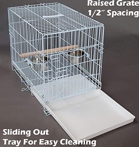 Durable Easy Portable Metal Travel or Veterinary Collapsable Parrot Bird Carrier Beaks Proof Cage with Stainless Steel Feeder Bowls Natural Wooden Perch Stand