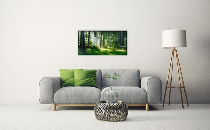 Morning Sunlight Forest Large Stretched Canvas Wall Art for Living Room Bedroom Home,Mordern Woods Scenery Picture Print Painting Decor Artwork,Green Landscape Gallery Wrapped Gift,Inner Frame(24x48)