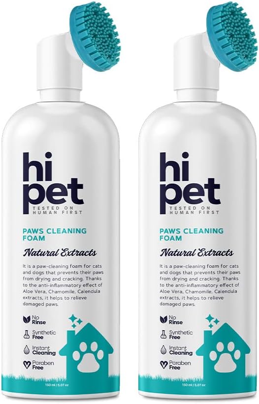 Hi Pet Dog Paw Cleaner Foam with Built-in Paw Scrubber Brush, Paw Cleaner for Dogs and Cats, Cat and Dog Paw Moisturizer, Effortless and Easy-to-Use Bottle Design Dog Feet Cleaner (Pack of 2)