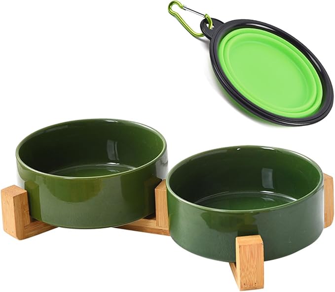 Petygooing Dog Bowls,Ceramic Cat Dog Bowl Set with Wood Stand for Food and Water,Non-Slip Cute Modern Pet Dish for Cats and Small Size Dogs (13.5OZ/5.1 in) Rust Green