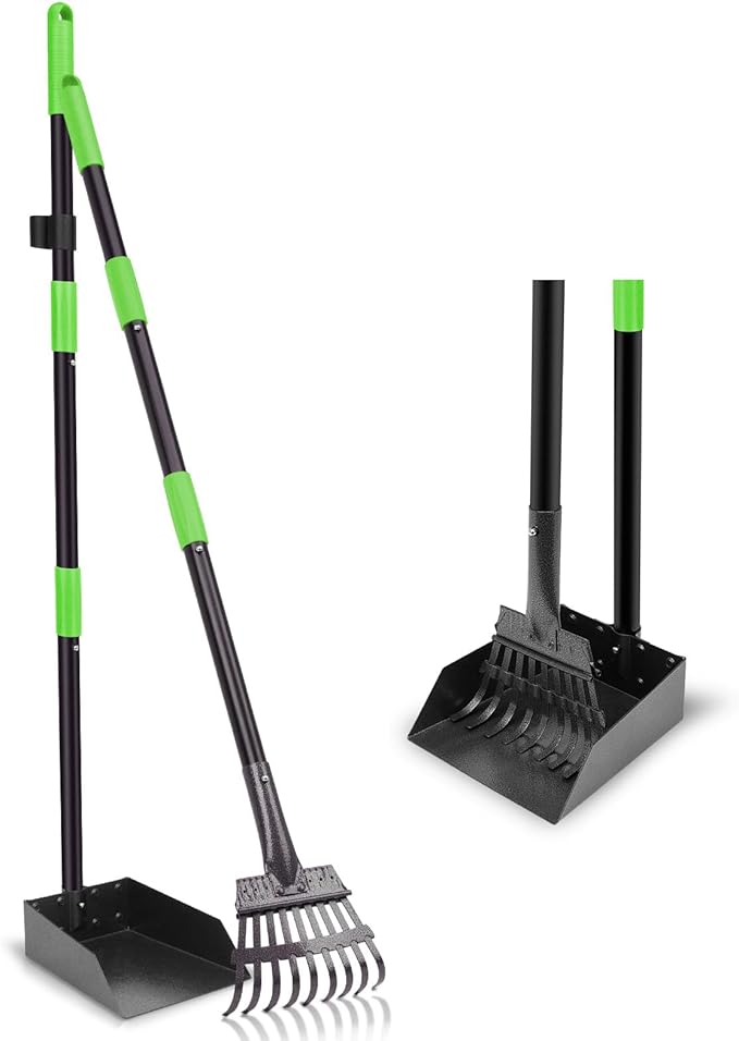 Non-Breakable Pooper Scooper, Dog Pooper Scooper Tray & Rake Set with Adjustable Stainless Steel Long Handle for Large Medium Small Dogs (Green)