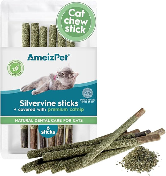 Silvervine Sticks for Cats, Chew Sticks Covered with Catnip Dust - Natural Matatabi Cat Dental Care, Silvervine Cat Teeth Cleaning, 6 Pcs