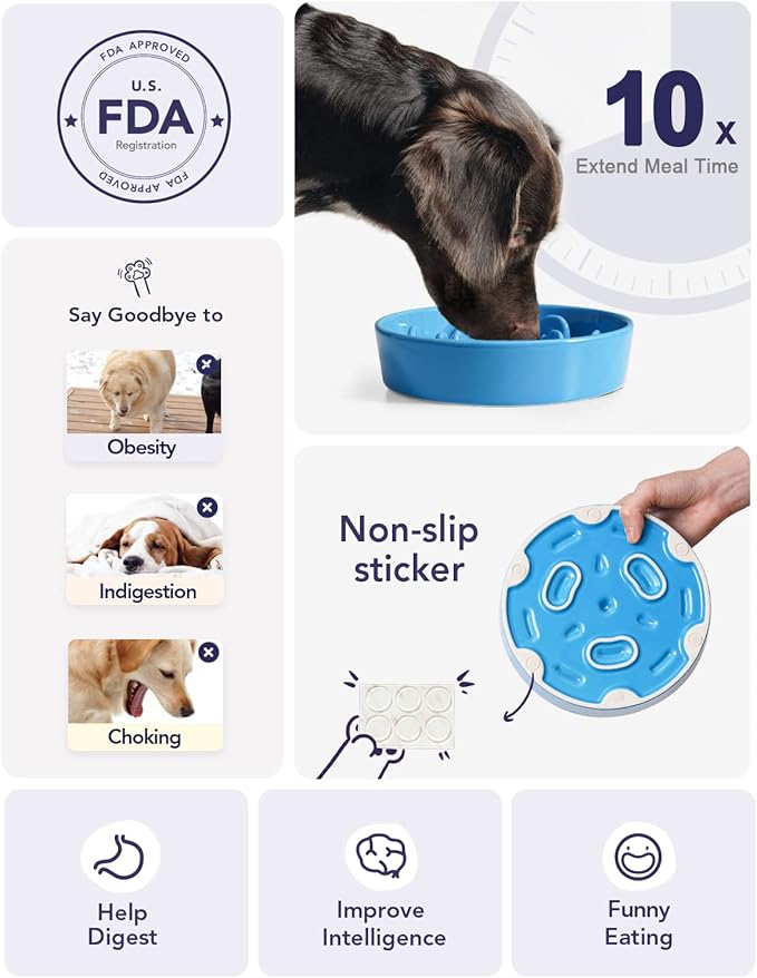 LE TAUCI Dog Bowls Slow Feeder Ceramic, 1.5 Cup Slow Feeding Bowl for Small and Medium Breed, Puzzle Dog Food Bowl for Fast Eater, Vortex Blue