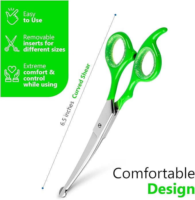 Rounded dog grooming scissors Professional - Sharp Stainless Steel Blades with Colorful Handles, Safe - Easy, Long Lasting grooming scissors for dogs at home (Curved Scissors)