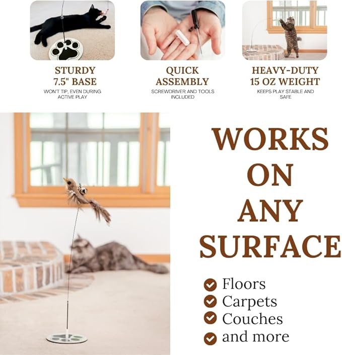 Cat Toys for Bored Indoor Adult Cats Any Surface Base Wand Stimulation Toys for Indoor Cats Cat Feather Toy Cat Feather Cat Toy Wand Juguetes para Gatos Activos Juegos para Gatos