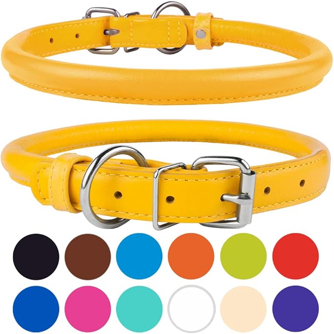 CollarDirect Rolled Leather Dog Collar, Soft Padded Round Puppy Collar, Handmade Genuine Leather Collar Dog Small Large Cat Collars 13 Colors (13-16 Inch, Pink Textured)