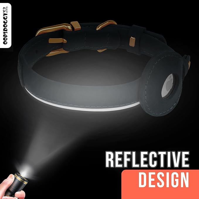 OOPSDOGGY Rolled Leather Dog Collar with Airtag Holder - Reflective Round Airtag Dog Collar - Soft Tracking Pet Collar for Small Dogs Puppy Cats Kitten (Denim, XL, 17"-21")