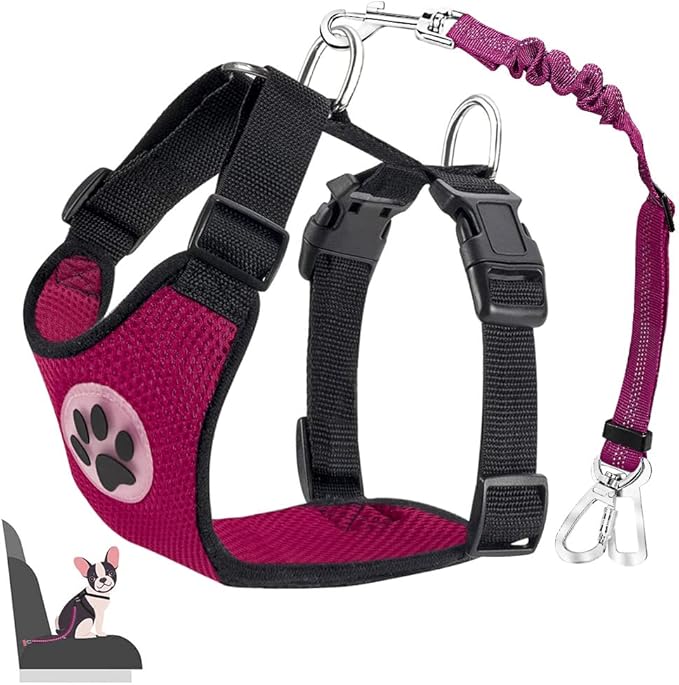 Lukovee Dog Seat Belt for Car, Adjustable Dog Car Harness for Large Medium Small Dogs, Soft Padded & Breathable Mesh Dog Seatbelt with Car Strap and Carabiner(Rose Double Clip,XXX-Small)