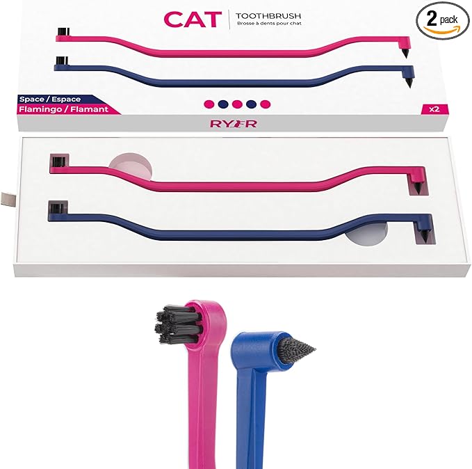RYERCAT Set of Dual Sided Cat Toothbrushes - Kitten Toothbrush with Micro Head to fit into Kittens Mouth - Cat Dental Care Supplies Pet Toothbrush for Cats (Flamingo Pink and Space Blue)