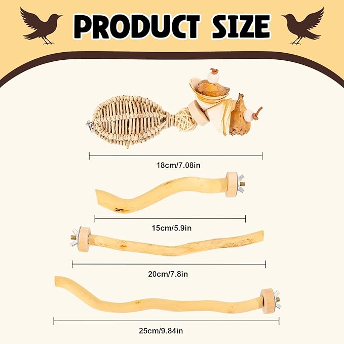 3Pcs Bird Toys Perch Stand for Cage, Natural Parrot Toys, Small Chewing Sticks Toys Bird Cage Accessories for Conures Parakeets Cockatoo African Grey Parrots (3PCS)