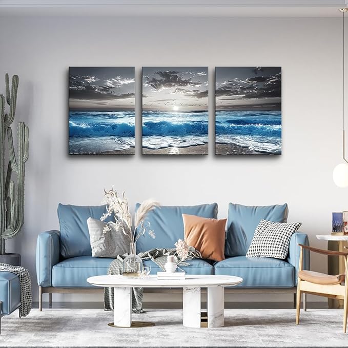 TTHYUEWS Black And White Beach Wall Pictures Wall Decor For Living Room Canvas Wall Art For Bedroom Office Decorations Blue Sea Wave Ocean Paintings Artworks Canvas Art Modern Home Decor 3 Pieces