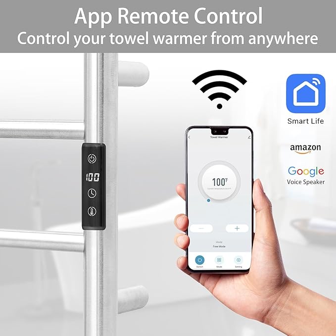 KEG Smart WiFi Towel Warmer Wall Mounted with Built-in Timer and Temperature Adjust Control, 12 Bars Electric Stainless Steel Heated Towel Racks for Bathroom Brushed Nickel