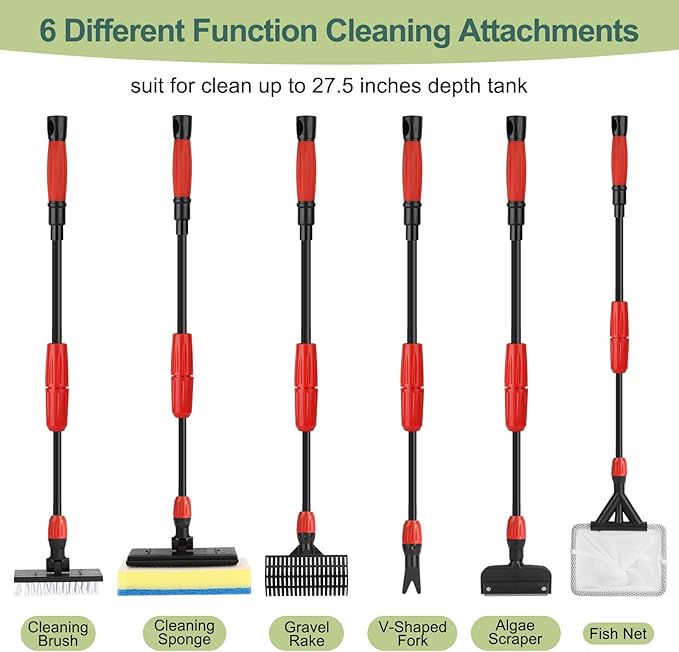 hygger Easy Clean Fish Tank Cleaner, 6 in 1 Aquarium Cleaning Tools Kit with Extendable Handle Algae Scraper Sponge Scrubber Firm Scrub Brush Fish Net Gravel Rake for Acrylic & Glass Tank