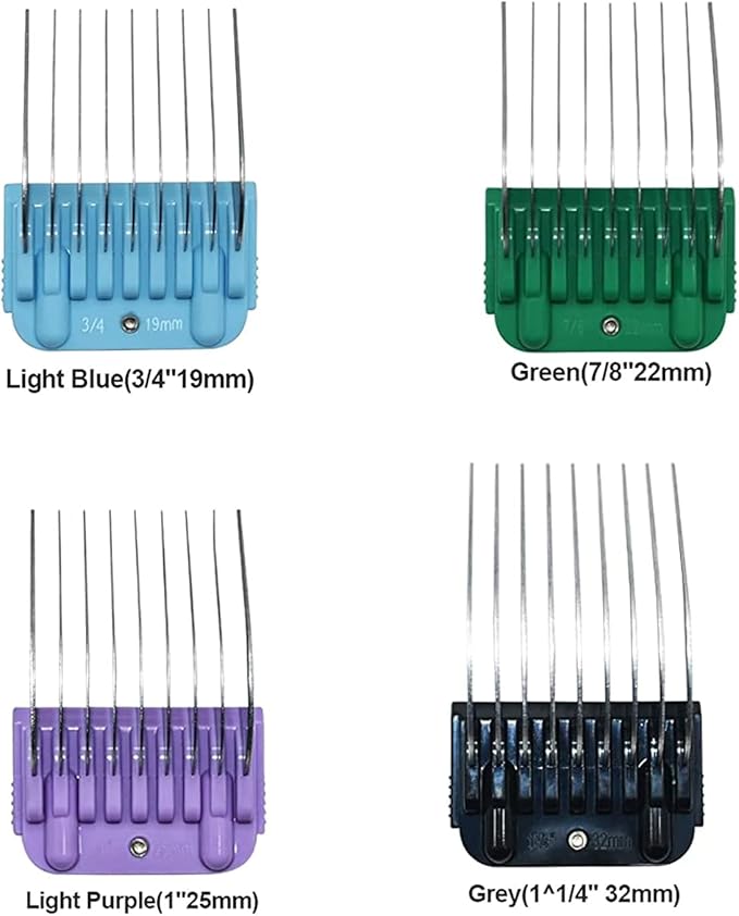 Professional Animal Stainless Steel 4 Color Guide Comb Set Compatible with andis Oster A5 wahl km10 10#/15#/30# Detachable Blade，Cutting Length 19mm-32mm