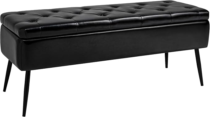 Leather Storage Ottoman Bench,End of Bed Bench for Living Room Bedroom Dinning Room Entryway,Mid-Century Modern,Faux Leather,with Steel Legs,Safety Hinges, Loads 660 lb (with Button, Black)