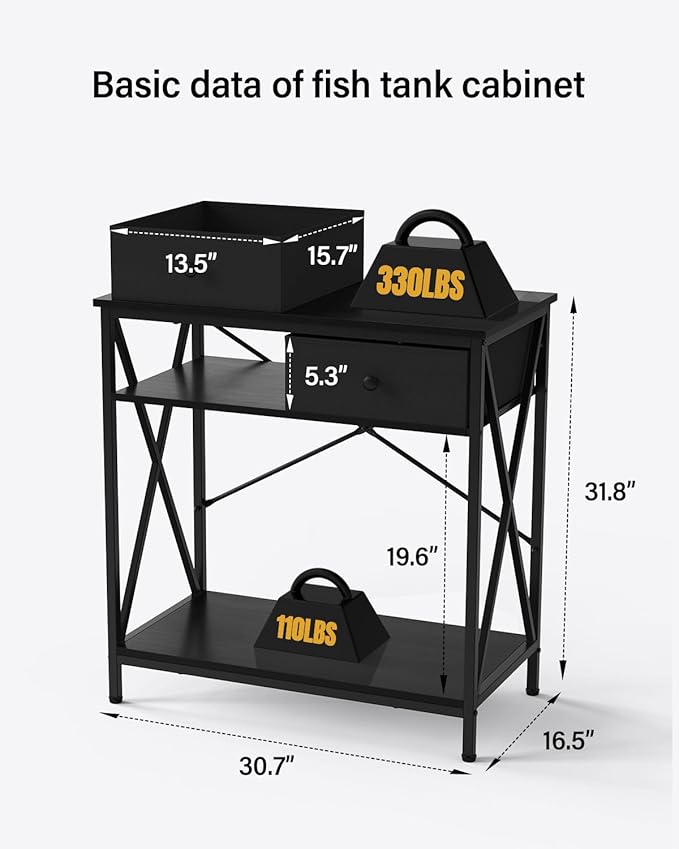 Fish Tank Stand 29 Gallon: Sturdy Aquarium Stand with Accessories Storage - Metal Fish Tank Table for 20-29 Gallon Reptile Breeder Turtle Terrarium - 30.7"x16.5" Weight Capacity 330 lbs