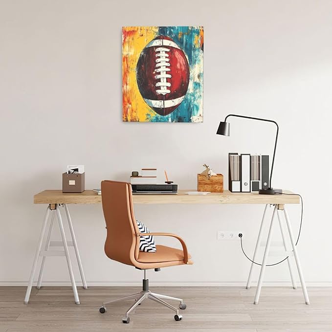 Graffiti Football Bathroom Pictures Wall Art, Rugby Sport Bathroom Wall Decor, Colorful Football Framed Painting Canvas Artwork for Bedroom Living Room Decorations 24"L x 20"W