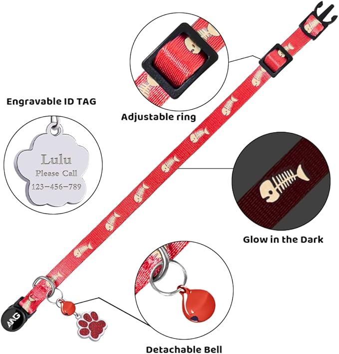 Personalized Breakaway Cat Collars Glow-in-The-Dark with ID Tag, Bell - Safety Quick - Release, Customizable for Female Male Kittens & Cats (Red)
