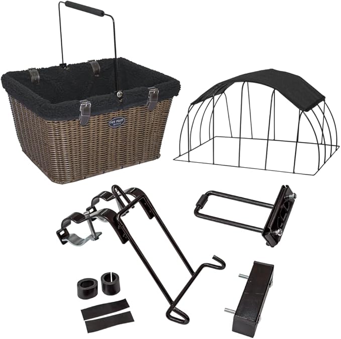 Travelin K9 Pet-Pilot MAX Wicker Bike Basket for Dogs/Cats - Includes Wire Cage Top w/Sun Shade + Plush Removable Padded Liner