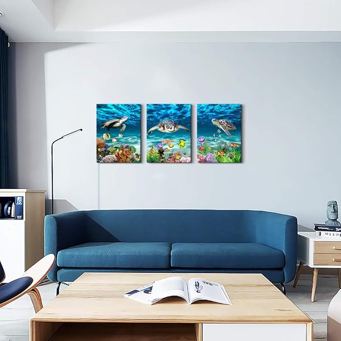 Canvas Wall Art for Living Room Large Size Wall decor for Bedroom Bathroom Wall Decoration blue Ocean Sea Turtle Paintings Modern shark Pictures Artwork office Decor Ready to Hang 16" x 24" 3 Piece
