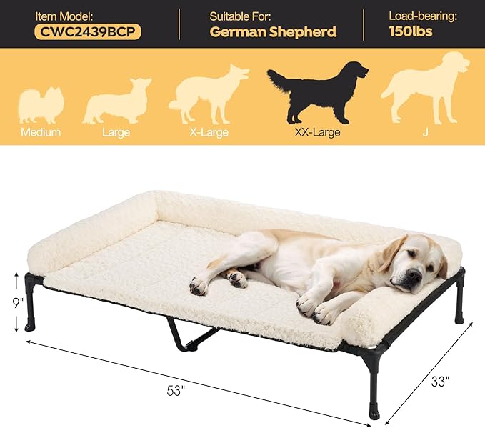 Veehoo Cooling Elevated Dog Bed Add Removable Deluxe Rose Plush Bolster Cushion Mat, 53" x 33" Washable Dog Couch Bed, Raised Pet Cot with Breathable Teslin Mesh, No-Slip Feet, White, CWC2439B