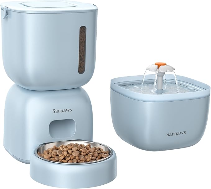 Automatic Cat Feeder and Water Dispenser FW1, Wire or Battery Cat Food Dispenser Timer Pet Feeder - Locking Lid, Desiccant Bag, Programmable Portion Control, 4 Daily Meals, 10s Voice Recorder-Blue