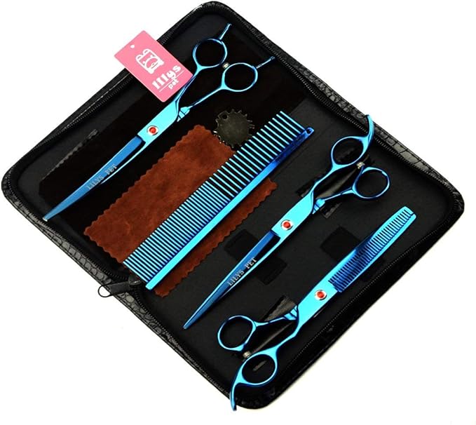 LILYS PET Professional PET Grooming scissors Kit,Coated Titanium,Sharp and Strong Stainless Steel Blade for Dogs Cats Hair Cutting,3 Pieces of Scissors with a Comb and a Case (7.0 inches, Blue)