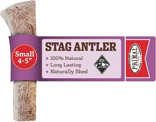 Primal Antlers for Dogs, Grade A Split Stag Antlers for Small Canines up to 15 lb, Natural Chews for Aggressive Chewers, Naturally Shed, Long Lasting Dog Bones, 1 ct