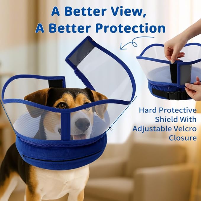 Soft Dog Cone Collar, Inflatable Donut Cones Alternative After Surgery with No-Lick Shield for Large/Medium/Small Dogs to Stop Licking, Elizabethan Neck Ecollars of Shame Comfy Pillow Recovery Blue