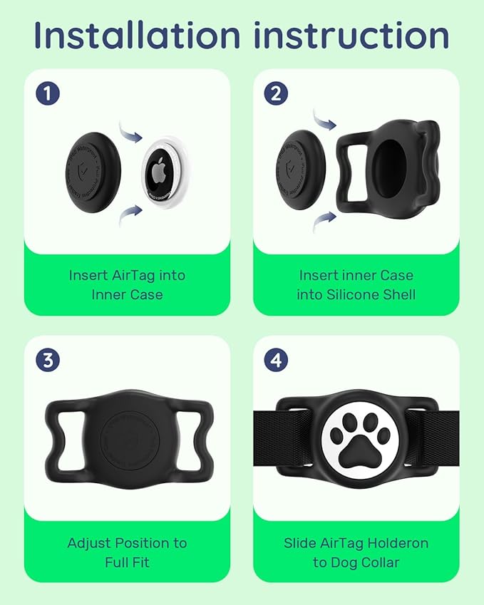 IP68 Waterpoof Dog Airtag Holder, Stretchy Silicone Full Body Covered Apple Air Tag Holder for Dog Cat Collar Fit All Width Collar (2* Black, 2 Pack)