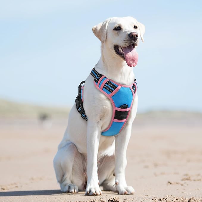 Eagloo Dog Harness for Large Dogs, No Pull Service Vest with Reflective Strips and Control Handle, Adjustable and Comfortable for Walking, No Choke Pet Harness with 2 Metal Rings, Pink & Blue, L