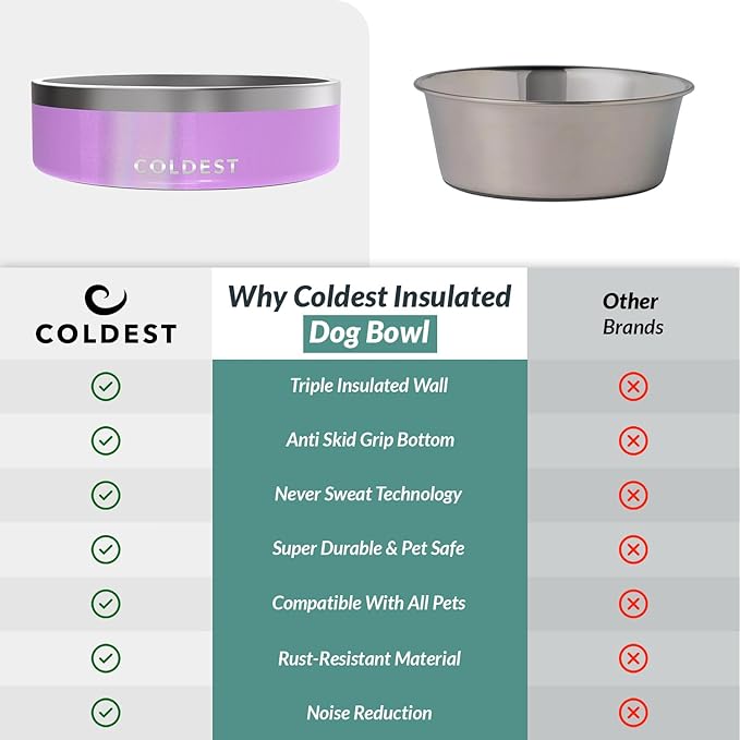 Coldest Dog Bowl - Anti Rust Metal, Non Slip, 3 Layers Insulated Stainless Steel Dog Bowls - Spill Proof & Heavy Duty - Water Bowl for Dogs, Cats, Dish Washer Safe (42 oz, Saturns Purple Glitter)